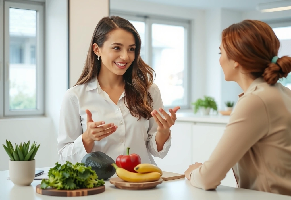 Dietetician prietenos explicând beneficiile unei diete echilibrate